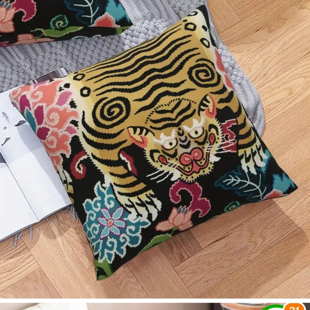 2 Fabulous linen look Asian pillow cover set with zipper. Designer decor on th…